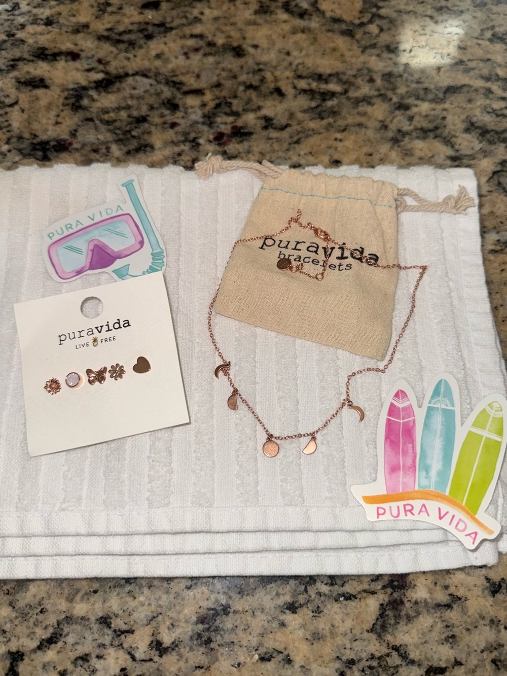 Pura Vida Rose Gold Charm Necklace with Stud Earrings